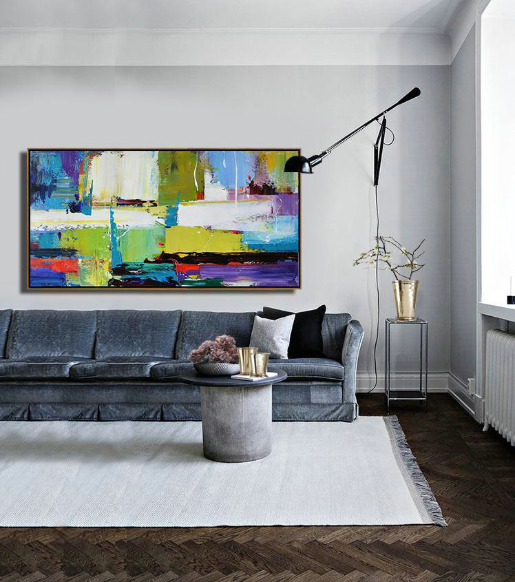 Extra Large Abstract Painting On Canvas,Horizontal Palette Knife Contemporary Art Canvas Painting,Modern Art,Light Green,Purple,Grey,Yellow.etc